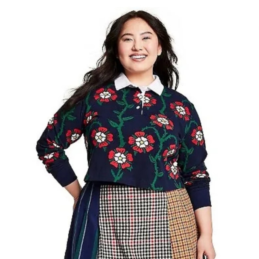Rowing Blazers Navy and Red Floral Crop Polo Sweater Sz XS